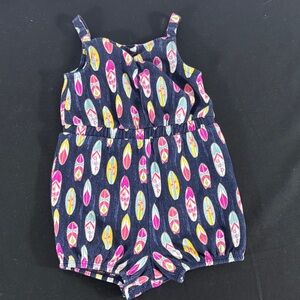 Navy Surfboard Print Girls' Sleeveless Romper with Pink & Yellow Accents